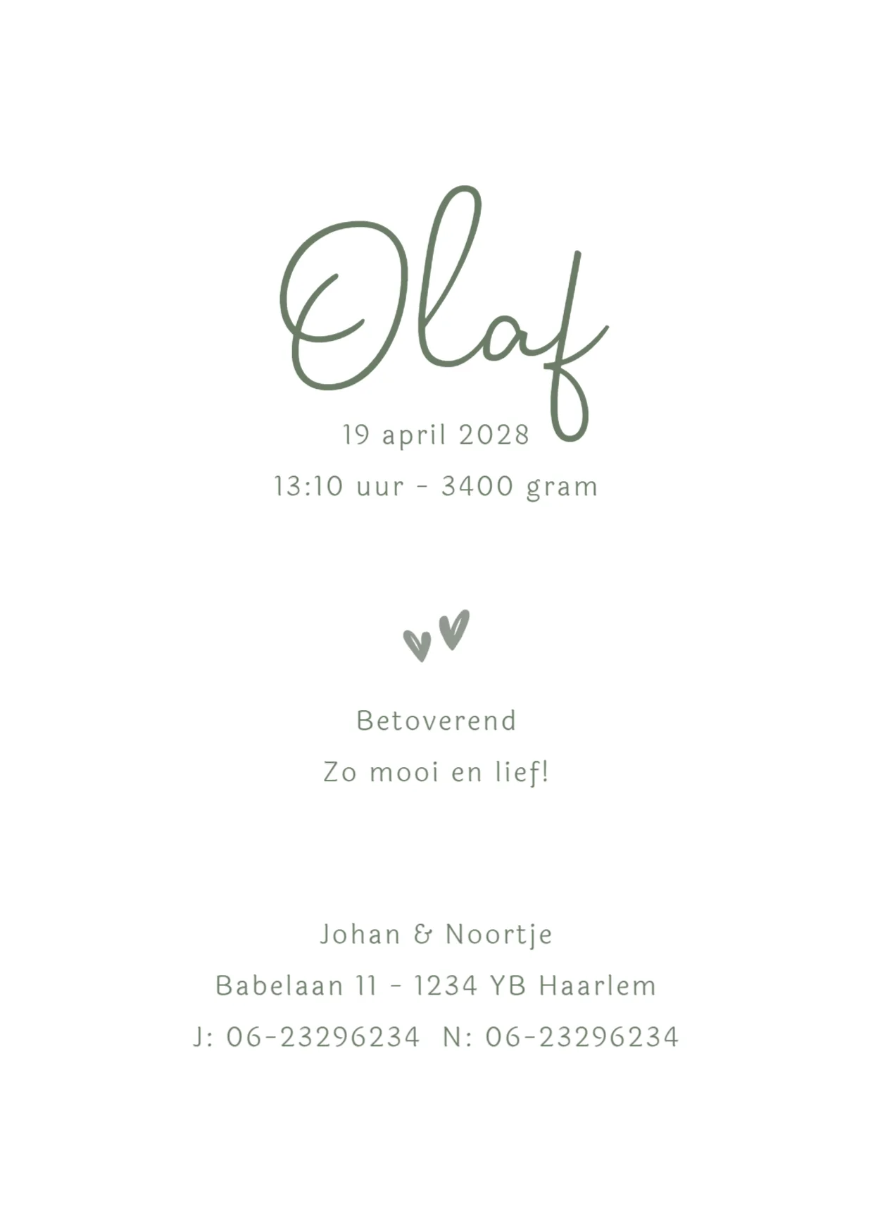Olaf in Groene Handlettering binnenkant