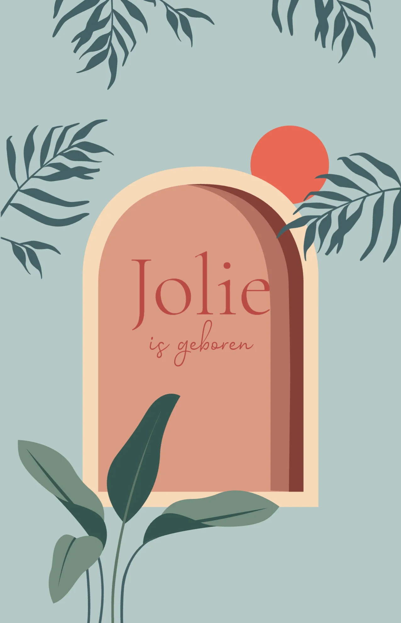 Botanisch geboortekaartje met terracotta boog